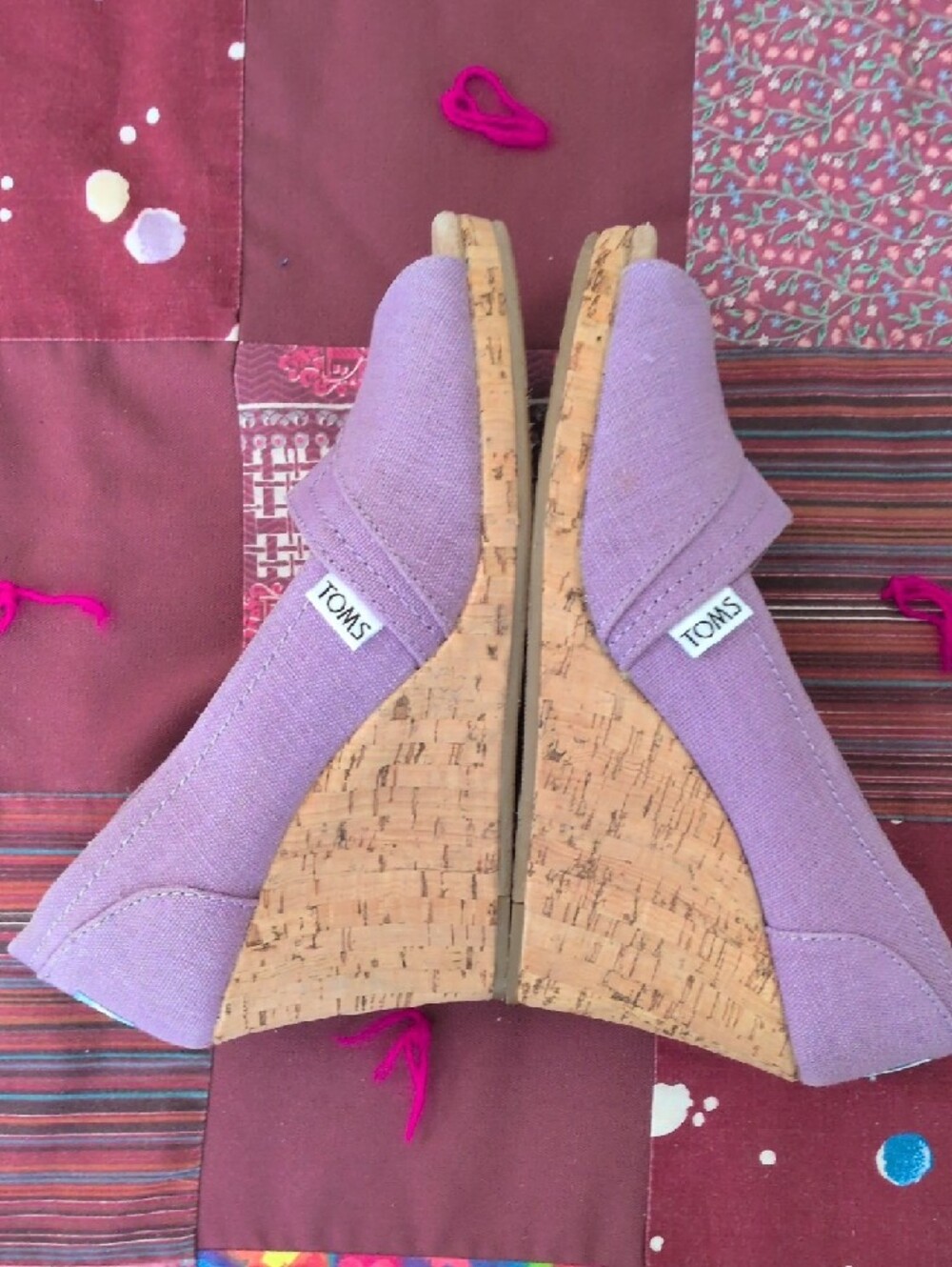 TOMS Lavender Canvas Cork Wedge Peep-Toe Shoes - Picture 4 of 9